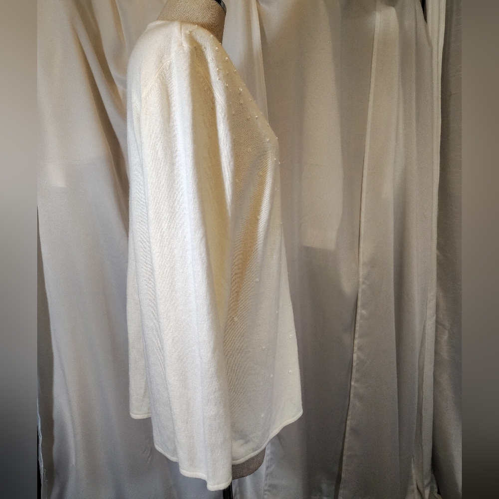 Norton McNaughton V- Neck Sweater, Ivory Bead + Ivory Sequin, Soft, Women, L - Picture 6 of 9